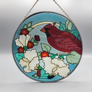 Handpainted Joan Baker Designs Stained Glass Cardinal & Flowers Suncatcher